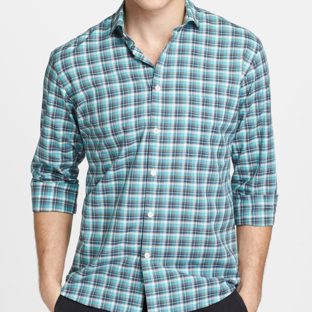 Billy Reid Green-Blue Gray White Plaid Shirt Large